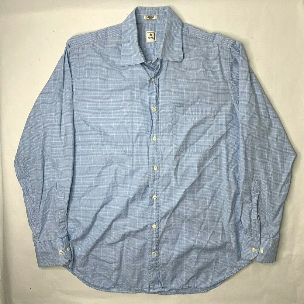 Peter Millar Mens Size 16 Large Button Front Long‎ Sleeve Shirt Blue Plaid